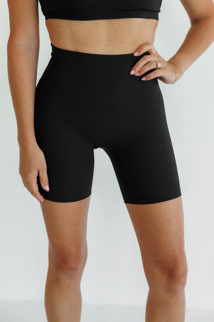 Black "Gianna" Ribbed Comfort High Rise Quick Dry Second Skin Shorts