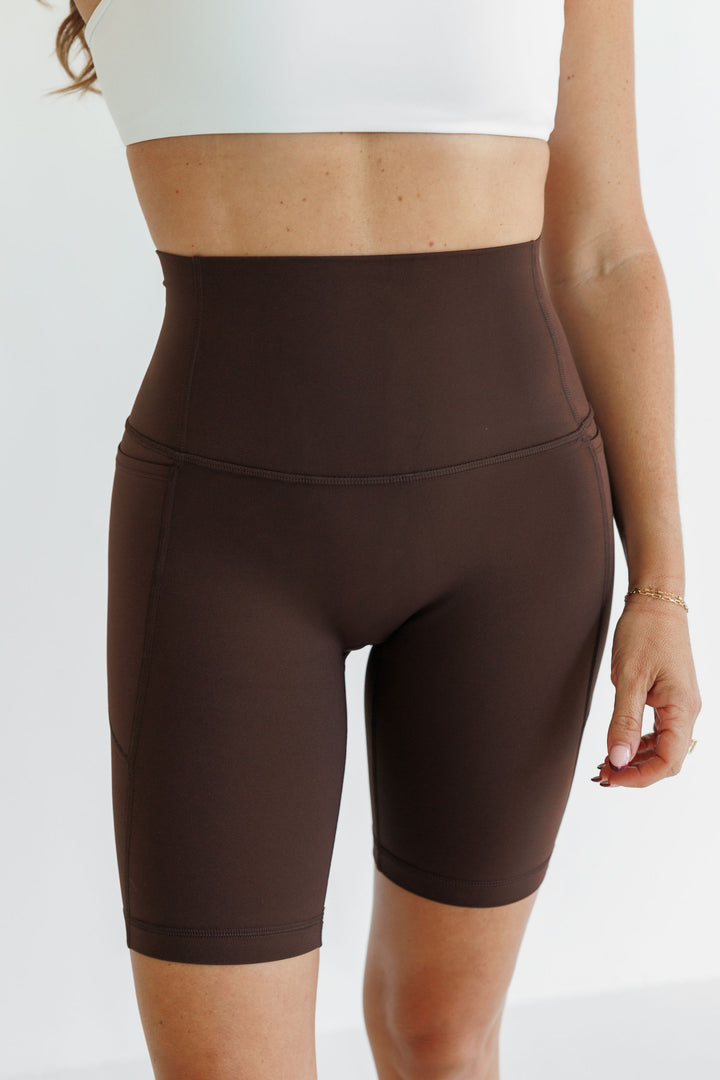 Espresso Brown "Leah" 8 inch Power Pocket High Rise Shorts