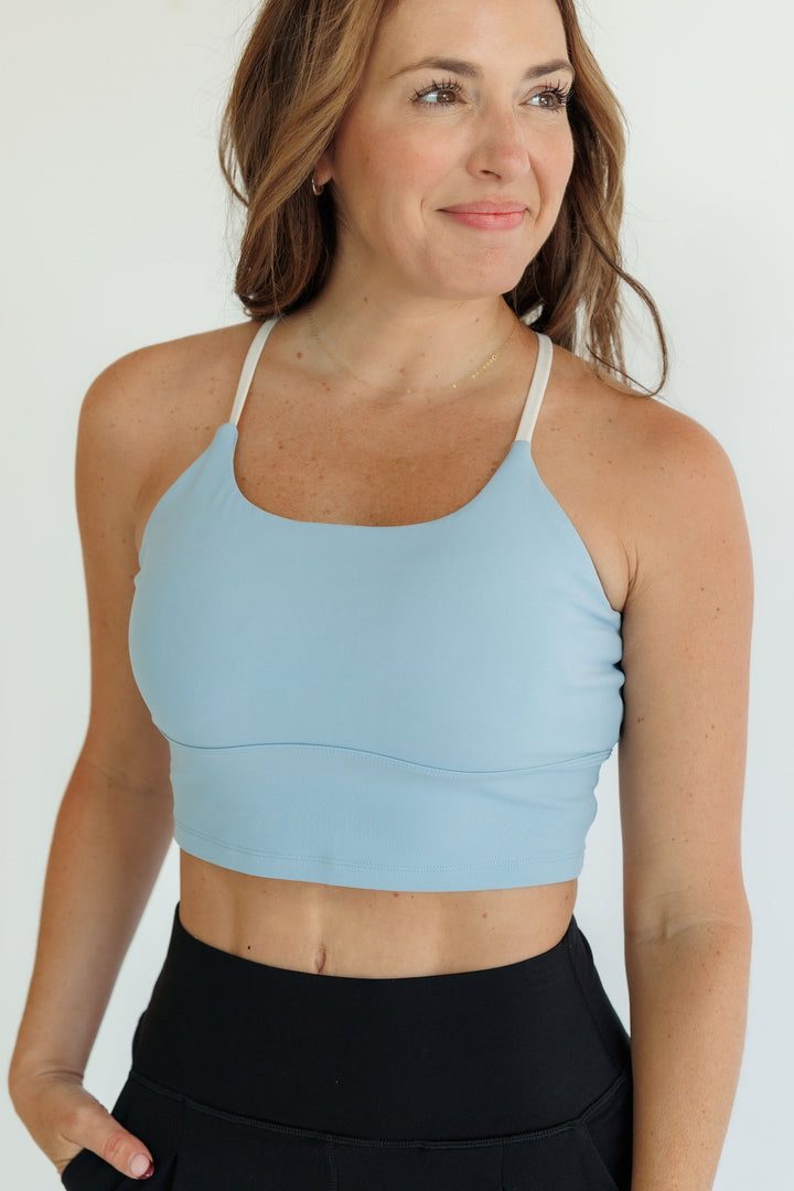 Steel Blue and White "Skye" Keyhole Longline Bra