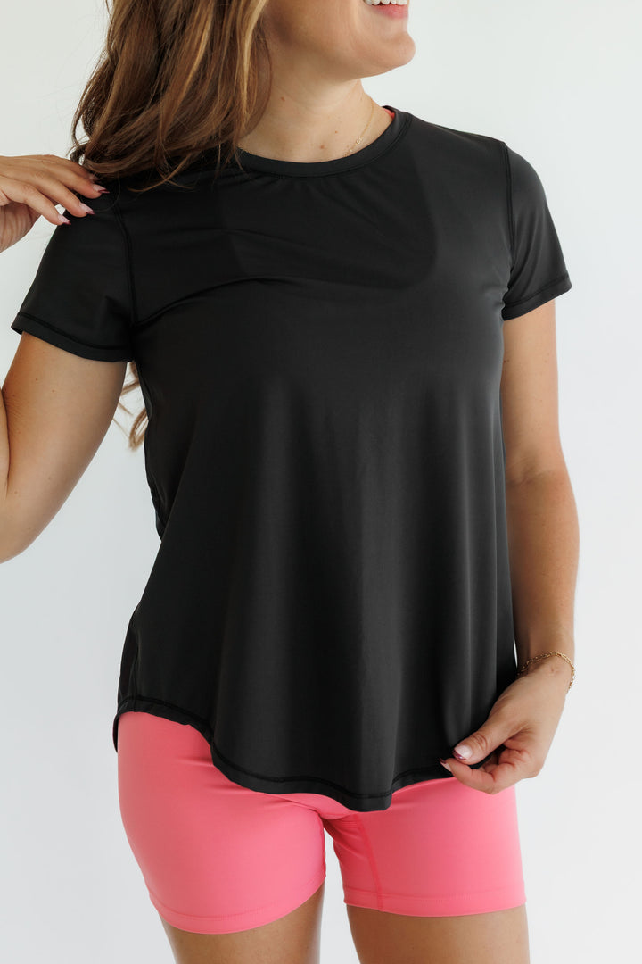 Black "Reese" Quick Dry Mesh Tie Back Tee
