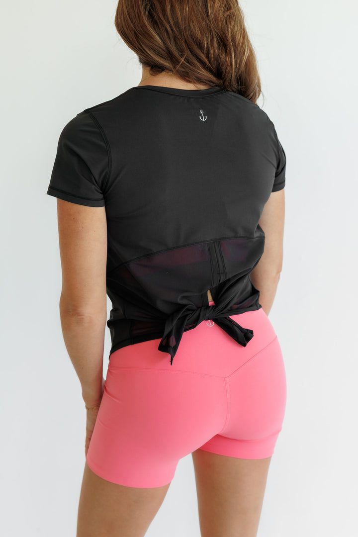 Black "Reese" Quick Dry Mesh Tie Back Tee