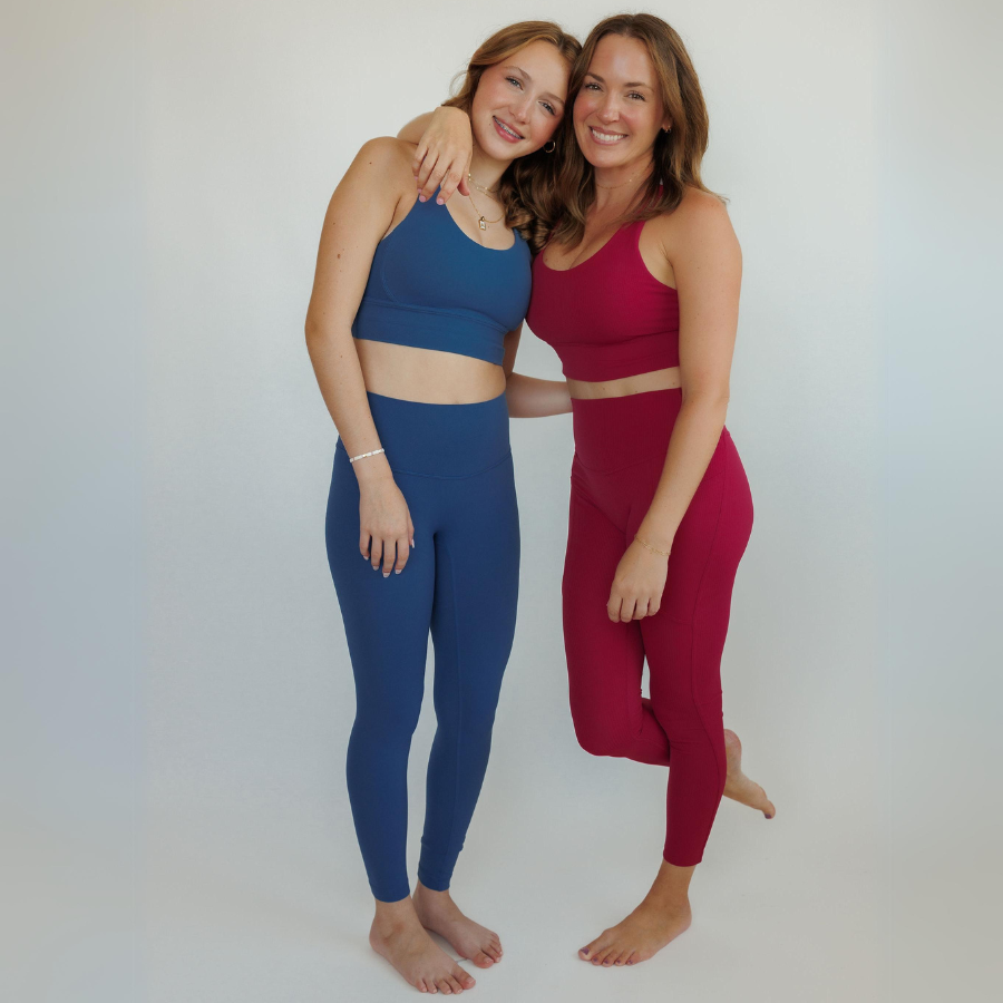 A mom and daughter wearing Navalora Fit Sports Bras and Matching leggings.  